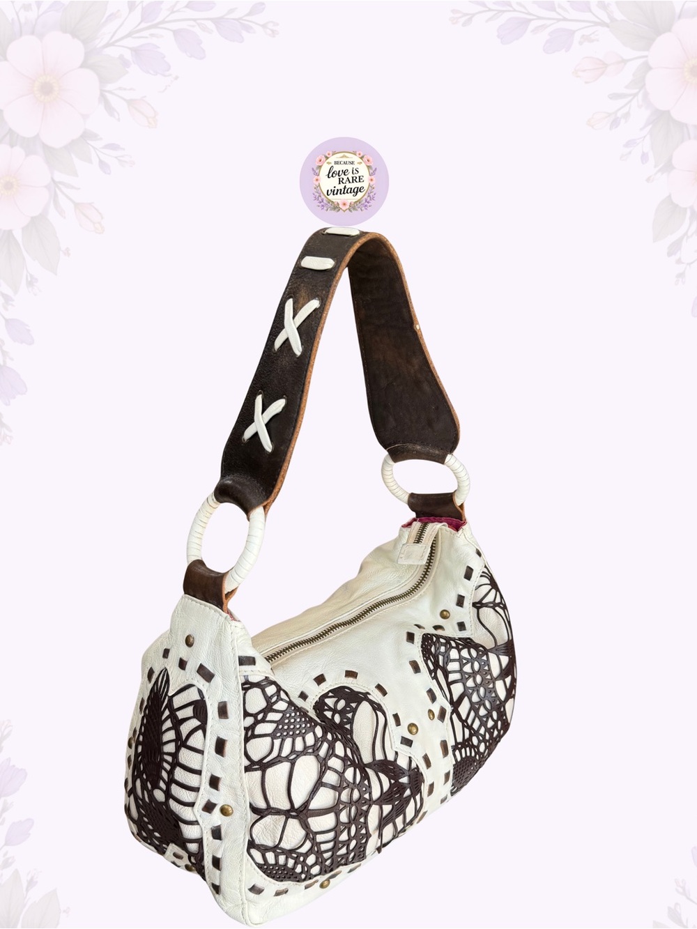 Vintage Western Betsey Johnson Leather Shoulder Bag • Y2K White & Brown Hobo - Picture 2 of 13